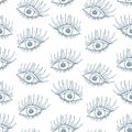 Blue eyes. Iris, pupil, eyelid, long eyelashes. Repeating vector pattern. Colorless background.